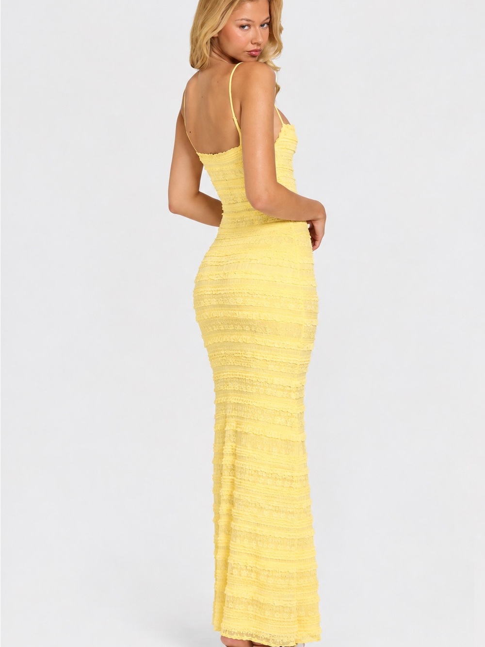 Oh Polly Yellow Textured Spaghetti-Strap Maxi Dress